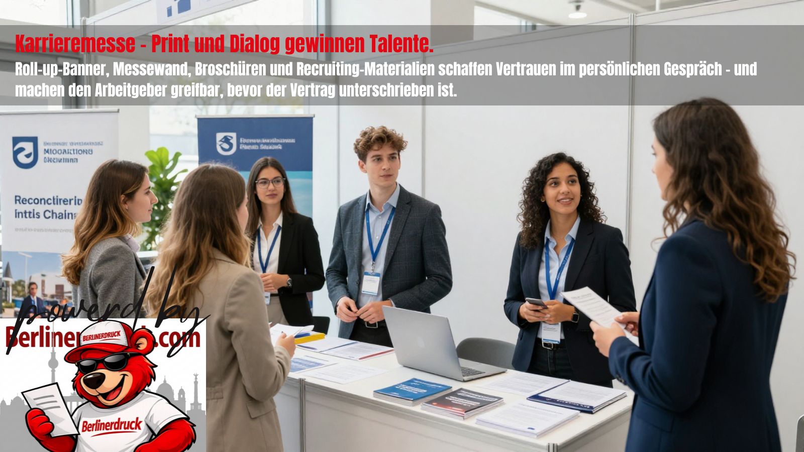 Druckprodukte für Karrieremessen professionell gestalten. Berliner Druck – Ihre Online-Druckerei für Broschüren, Flyer, Roll-ups und Recruiting-Materialien.