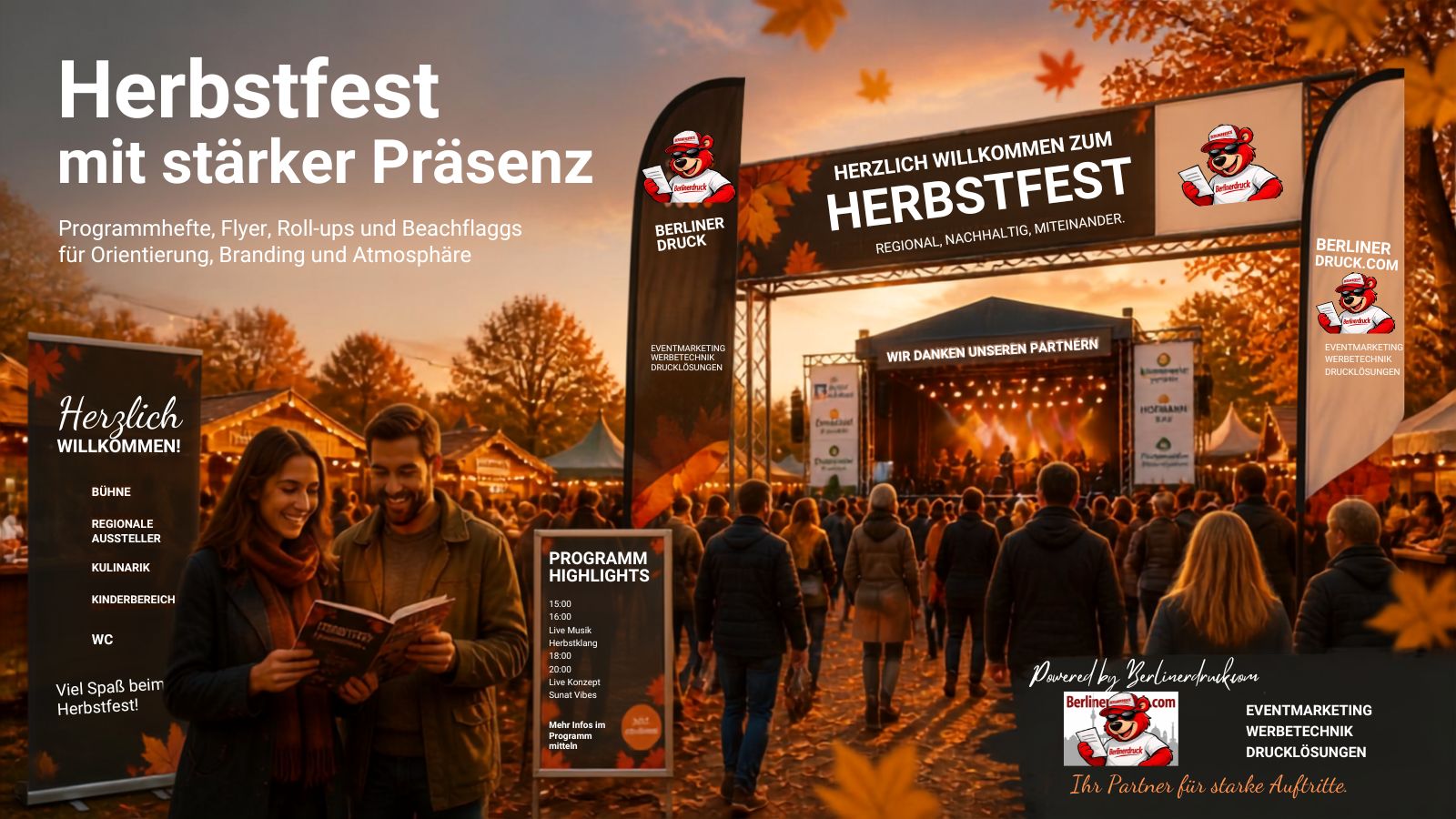 Werbemittel für Herbstfeste professionell drucken. Berliner Druck – Ihre Online-Druckerei für Banner, Flyer, Plakate und Eventdrucksachen in Deutschland.