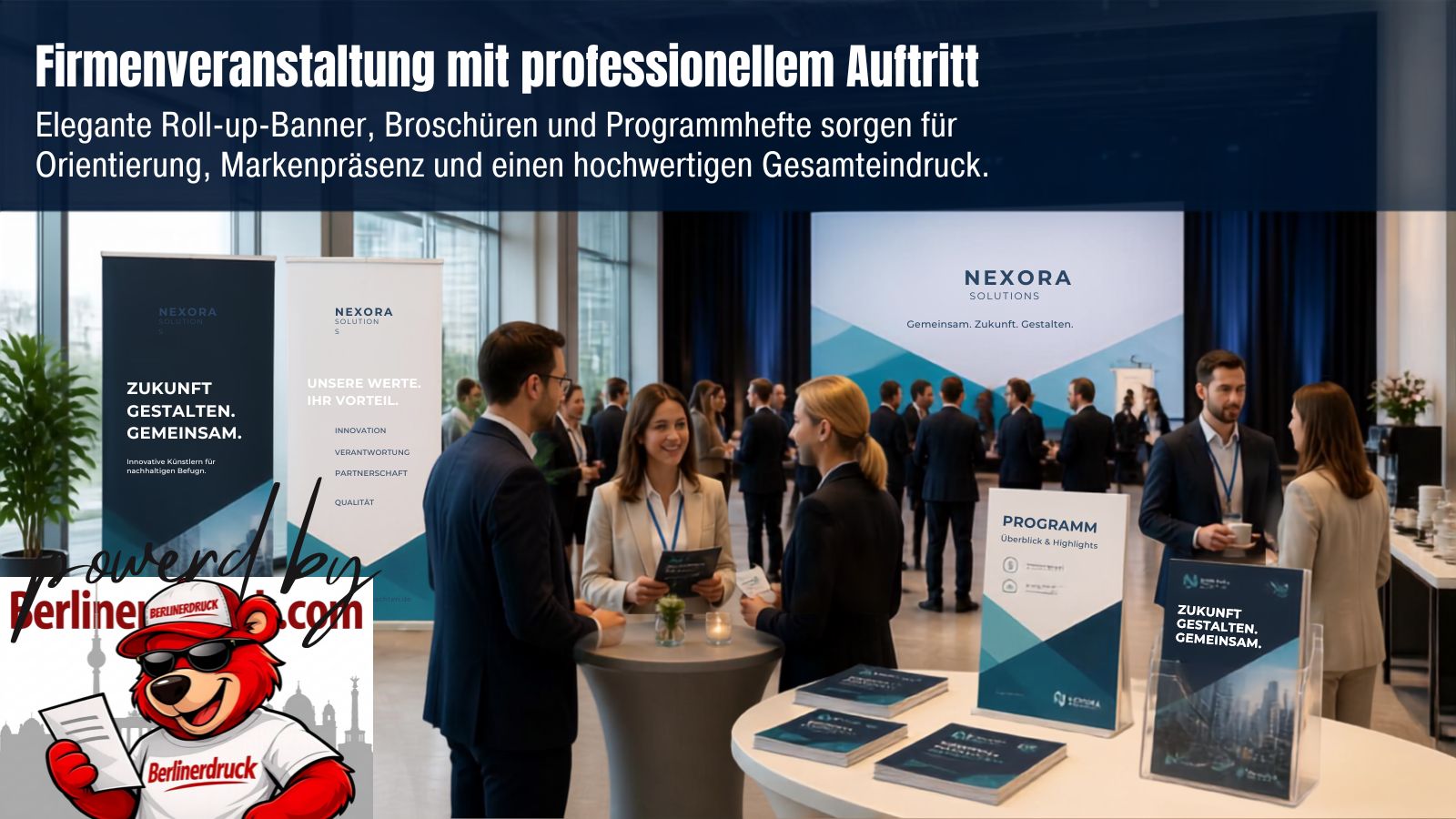 Firmenveranstaltungen professionell ausstatten mit hochwertigen Druckprodukten. Berliner Druck – Ihre Online-Druckerei für Banner, Roll-ups und Eventmaterial.