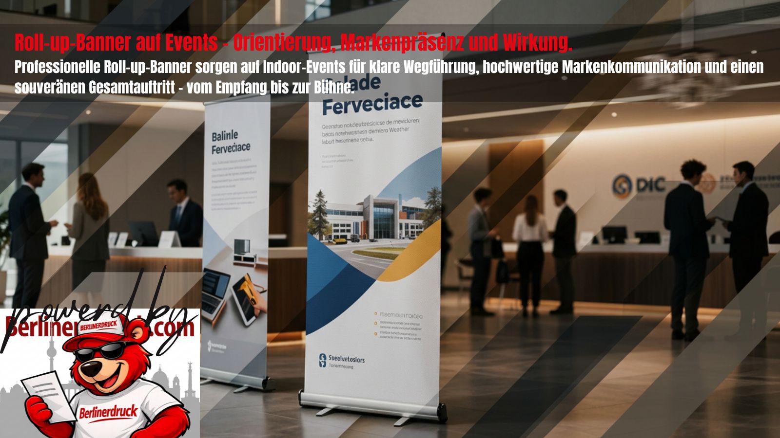 Roll-ups für Indoor-Events professionell drucken lassen. Berliner Druck – Ihre Online-Druckerei für Roll-up-Banner, Messeausstattung und Eventwerbung.